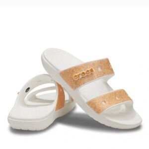 Crocs classicrocs orange glitter Two strap slides sz 10